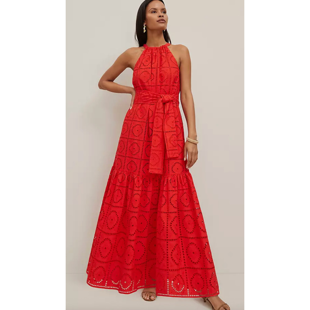 NWT ANN TAYLOR FIERY RED EYELET HALTER FLARE MAXI DRESS SZ XSP XS PETITE